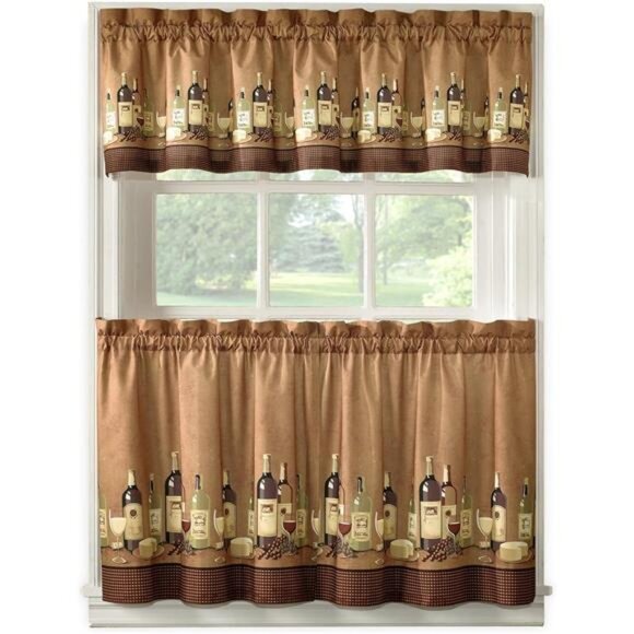 Wines Kitchen Curtain Set 36-inch Length, Brown - Picture 2 of 7